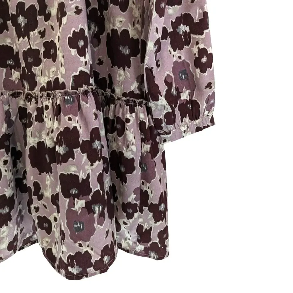 NWT Roolee Women's Bloomwood Mauve Floral Drop Waist Long Sleeve Midi Dress - M